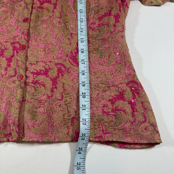 Vintage Y2K ICE Silk Paisley Beaded Ruffle Fairy Button Front Blouse Pink Wms XL - Picture 13 of 13